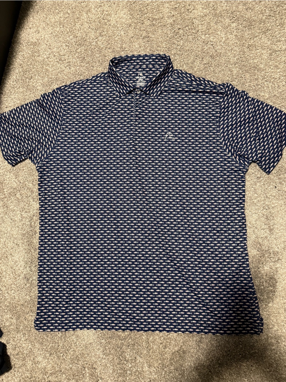 RHOBACK Navy and White Printed Short-Sleeve Polo Salmon Fish Pattern XXL